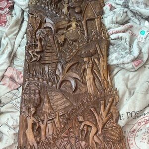 VTG Thai Folk Art Village Farm Scene – Hand Carved Wood Relief – 28.5X12X2